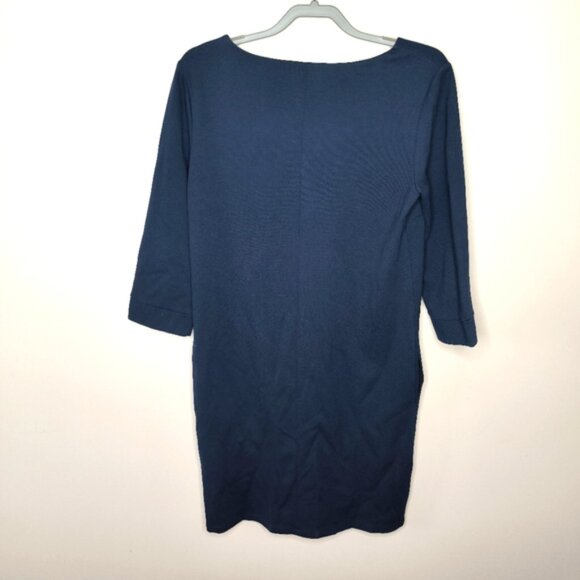 Blue Mini Sheath Dress with Crew Neck and Cuffed Sleeves - Picture 2 of 10